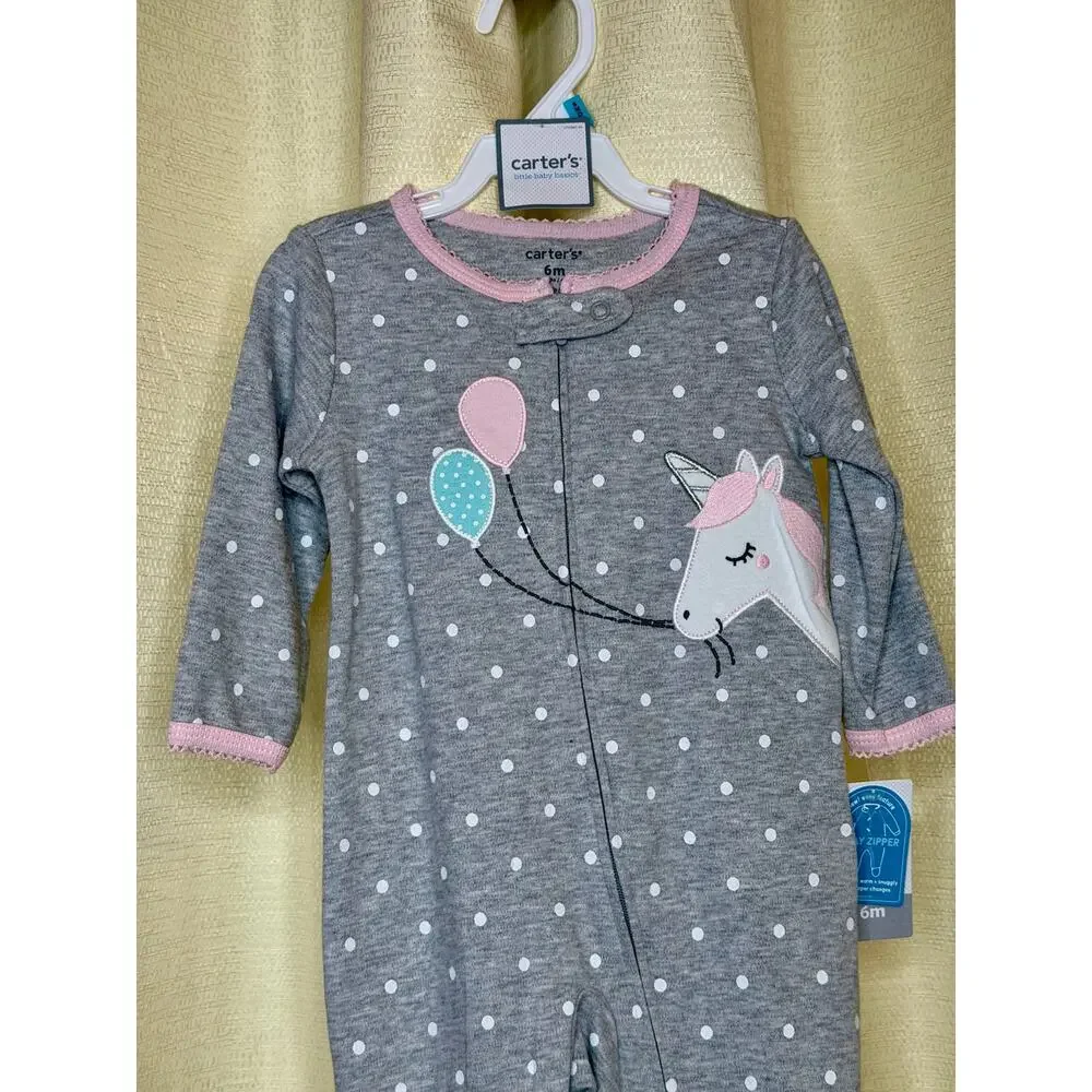 Carters Unicorn with baloons gray whit polka dot footed pajamas NWT